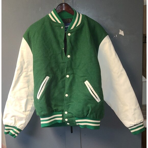 Holloway Varsity Letterman Jacket XL Wool/Leather Green White, Snaps - Picture 2 of 6